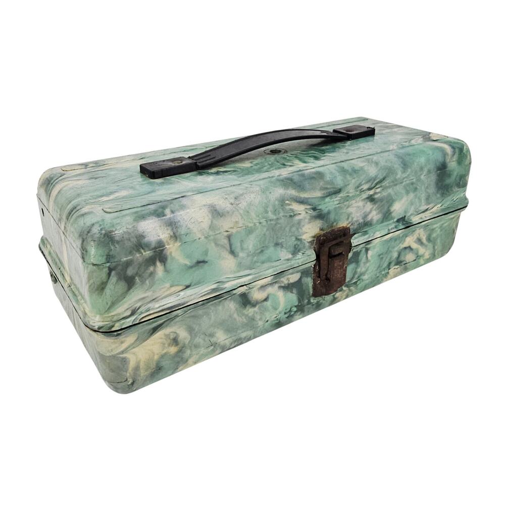 vintage Green Gray Marblelite Psychedelic Green Swirl Chest Fishing Tackle Box